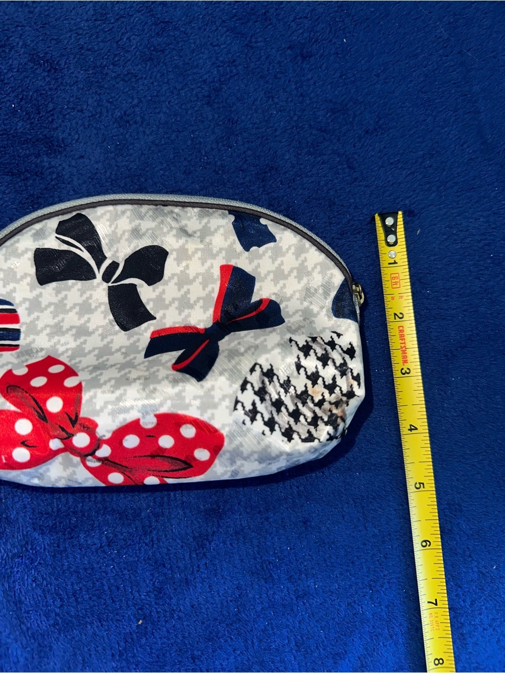 Christian Dior Vintage Houndstooth Bows Red Blue Cosmetic Pouch USA 90s Makeup - Picture 12 of 12
